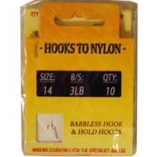 A PACK OF 10 BARBLESS HOOKS TO NYLON 3LB BREAKING STRAIN (SIZE 14)