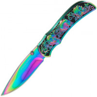 8.5 inch Lock Knife with 3 Skull Design and Rainbow Finish (skull-01)